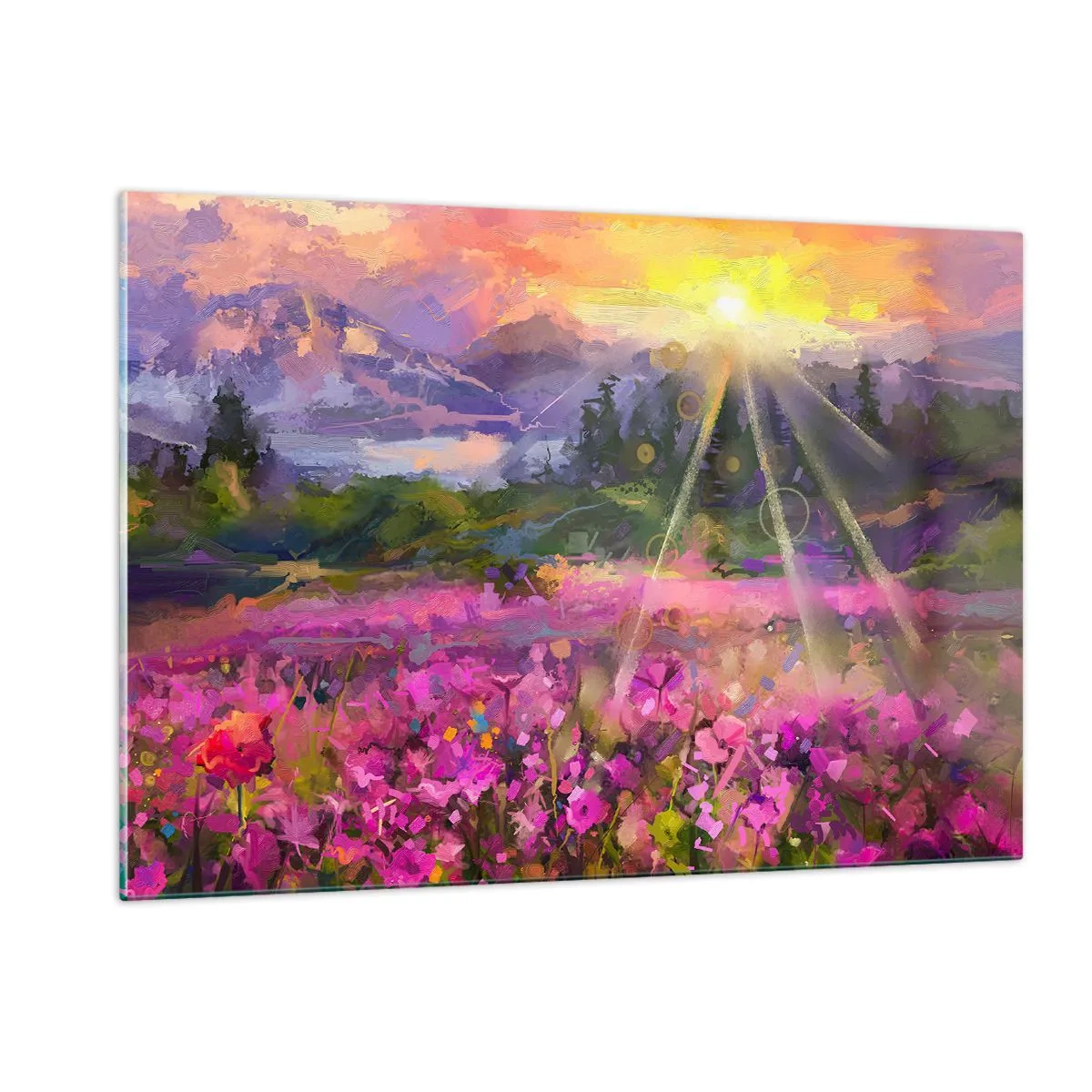 Obraz na szkle - Malownicza dolina pełna kwiatów oświetlona promieniami słońca - 120x80cm - W dolinie pod opieką słońca - Nowoczesna dekoracja ścienna do salonu, kuchni i sypialni ARTTOR