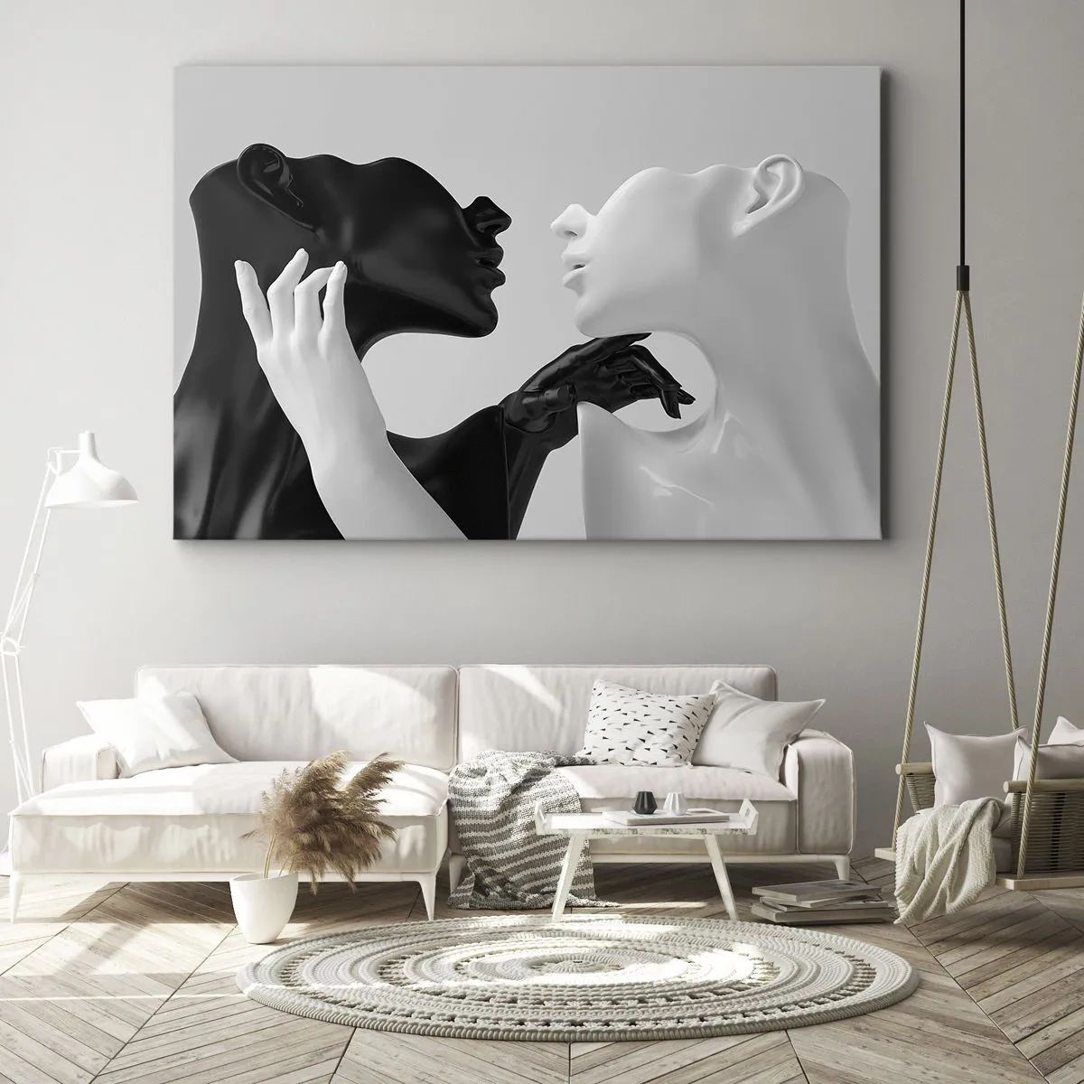 Obraz na płótnie - Czarno-białe sylwetki w dynamicznym zbliżeniu - 70x50cm - Przyciąganie – pożądanie - Nowoczesna dekoracja ścienna do salonu i sypialni ARTTOR