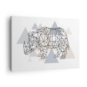 Obraz na płótnie - Geometryczny nosorożec na tle delikatnych trójkątów - 70x50cm - Struktura siły - Nowoczesna dekoracja ścienna do salonu i sypialni ARTTOR