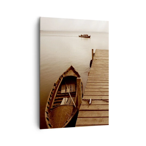 Obraz na płótnie - Drewniane molo i łódź w spokojnym jeziorze - 70x100cm - Wielki spokój - Nowoczesna dekoracja ścienna do salonu i sypialni ARTTOR
