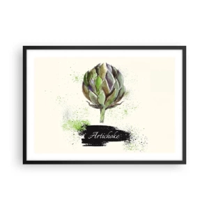 Plakat w czarnej ramie - Akwarelowy karczoch z napisem na jasnym tle z zielonymi akcentami - 70x50cm - Eviva warzywa! - Nowoczesna dekoracja ścienna do salonu i sypialni ARTTOR
