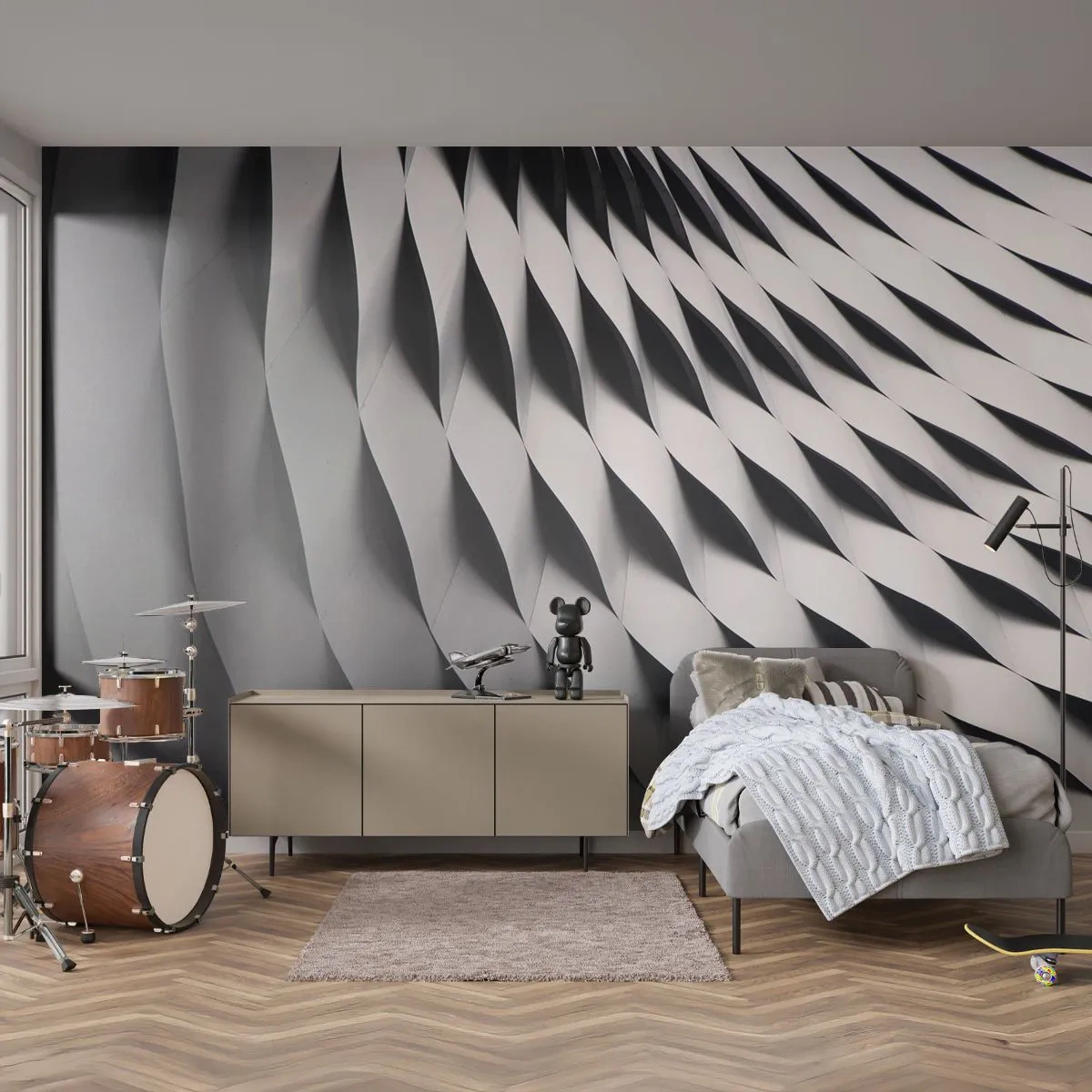 Fototapeta Premium Canvas - Abstrakcyjny wzór geometryczny w odcieniach czerni i bieli - 100x70cm - Na powierzchni fal - Nowoczesna dekoracja ścienna do salonu i sypialni ARTTOR