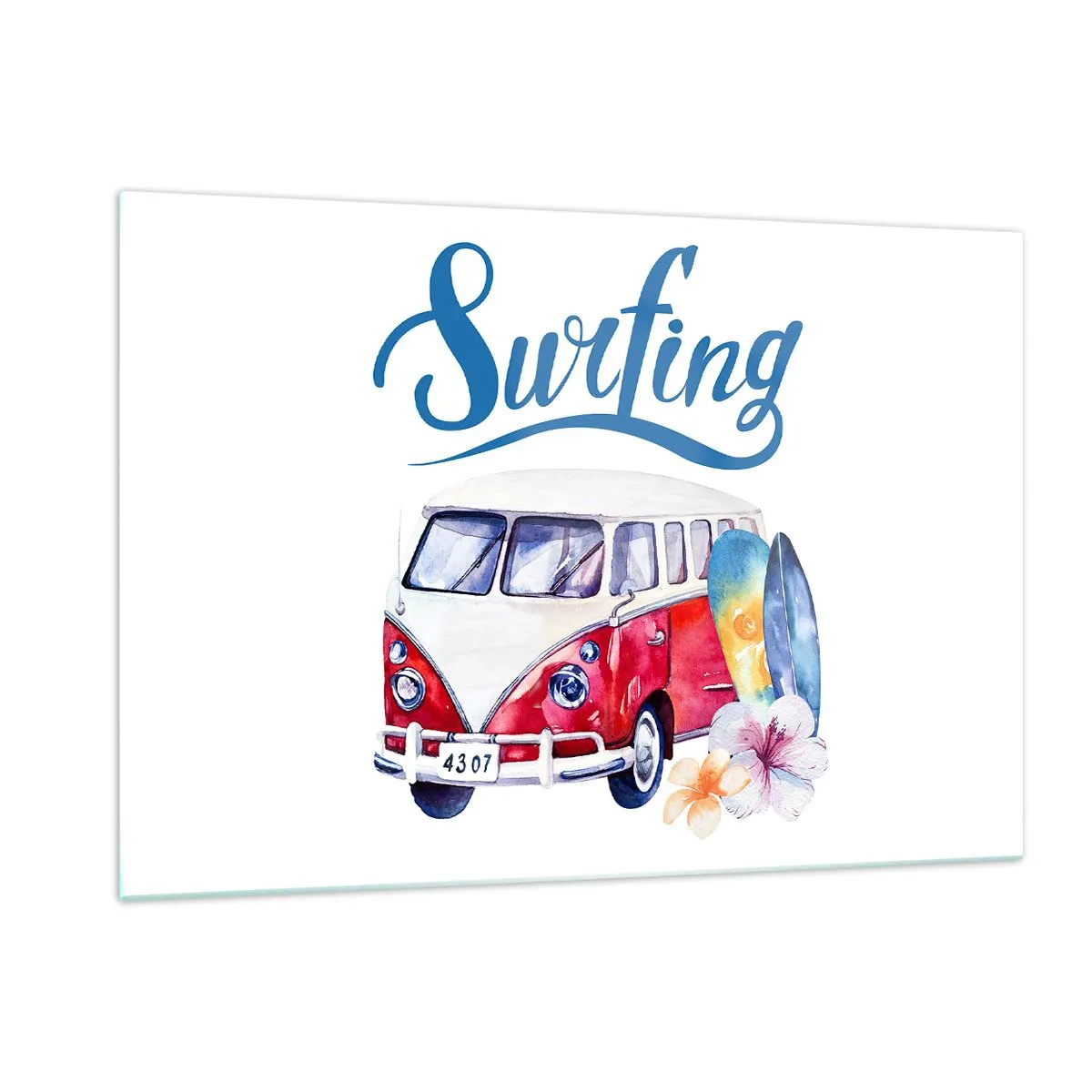 Obraz na szkle - Motyw surfingu z vanem i deskami - 120x80cm - Ogórek - klasyk dla surfera - Nowoczesna dekoracja ścienna do salonu, kuchni i sypialni ARTTOR
