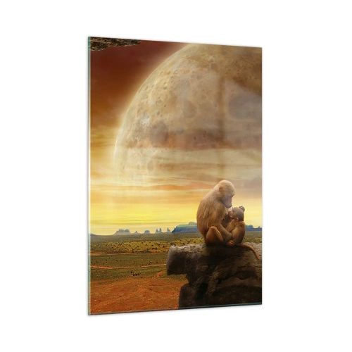 Obraz na szkle - Małpy siedzące na skale na tle ogromnego księżyca - 50x70cm - Miłość wszędzie ta sama - Nowoczesna dekoracja ścienna do salonu, kuchni i sypialni ARTTOR