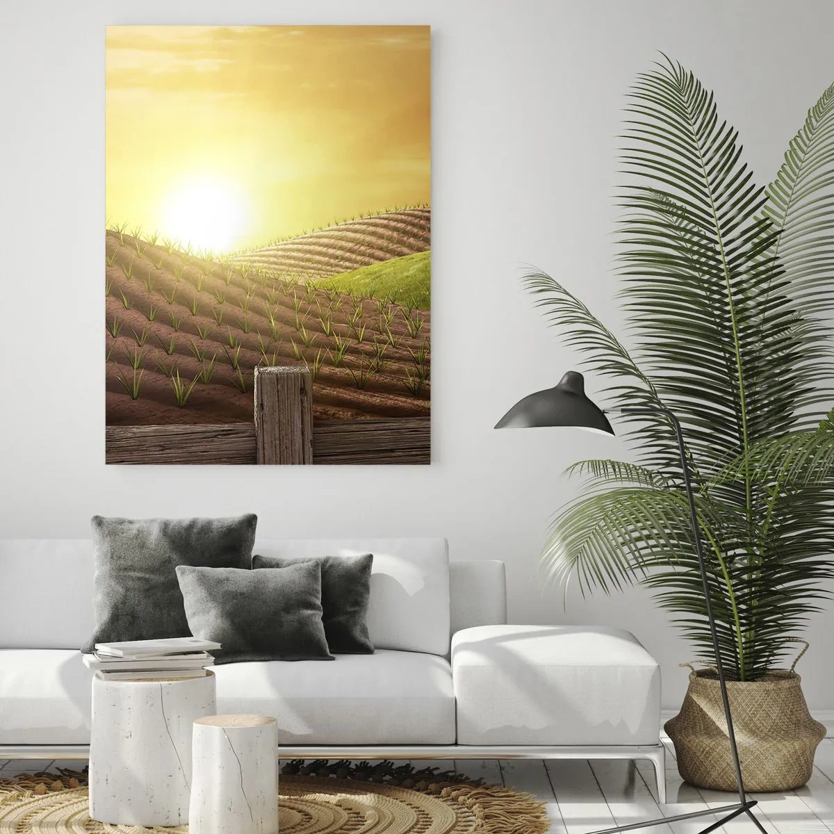 Obraz na szkle - Zachód słońca nad farmą z polem i traktorem - 50x70cm - Farma jak z bajki - Nowoczesna dekoracja ścienna do salonu, kuchni i sypialni ARTTOR