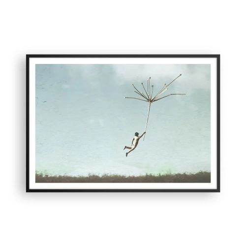 Plakat w czarnej ramie - Postać unoszona przez duży nasion dmuchawca - 100x70cm - Latawce, dmuchawce, wiatr - Nowoczesna dekoracja ścienna do salonu i sypialni ARTTOR