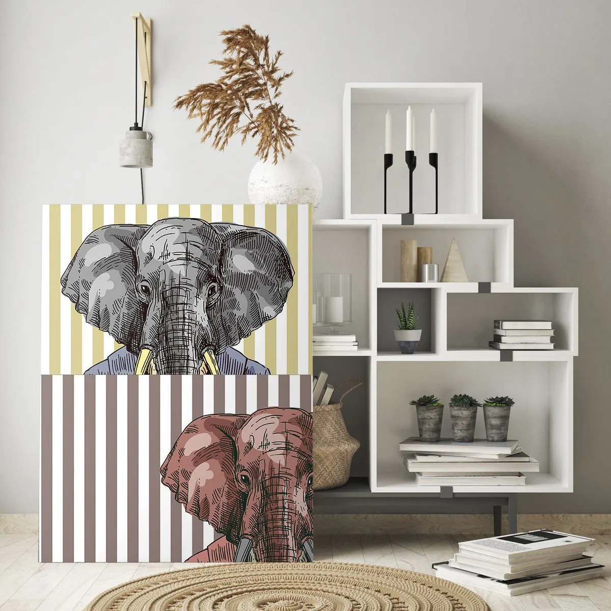 Obraz na szkle - Słoń w garniturze na tle żółtych pasków - 50x70cm - Elegancki z natury - Nowoczesna dekoracja ścienna do salonu, kuchni i sypialni ARTTOR
