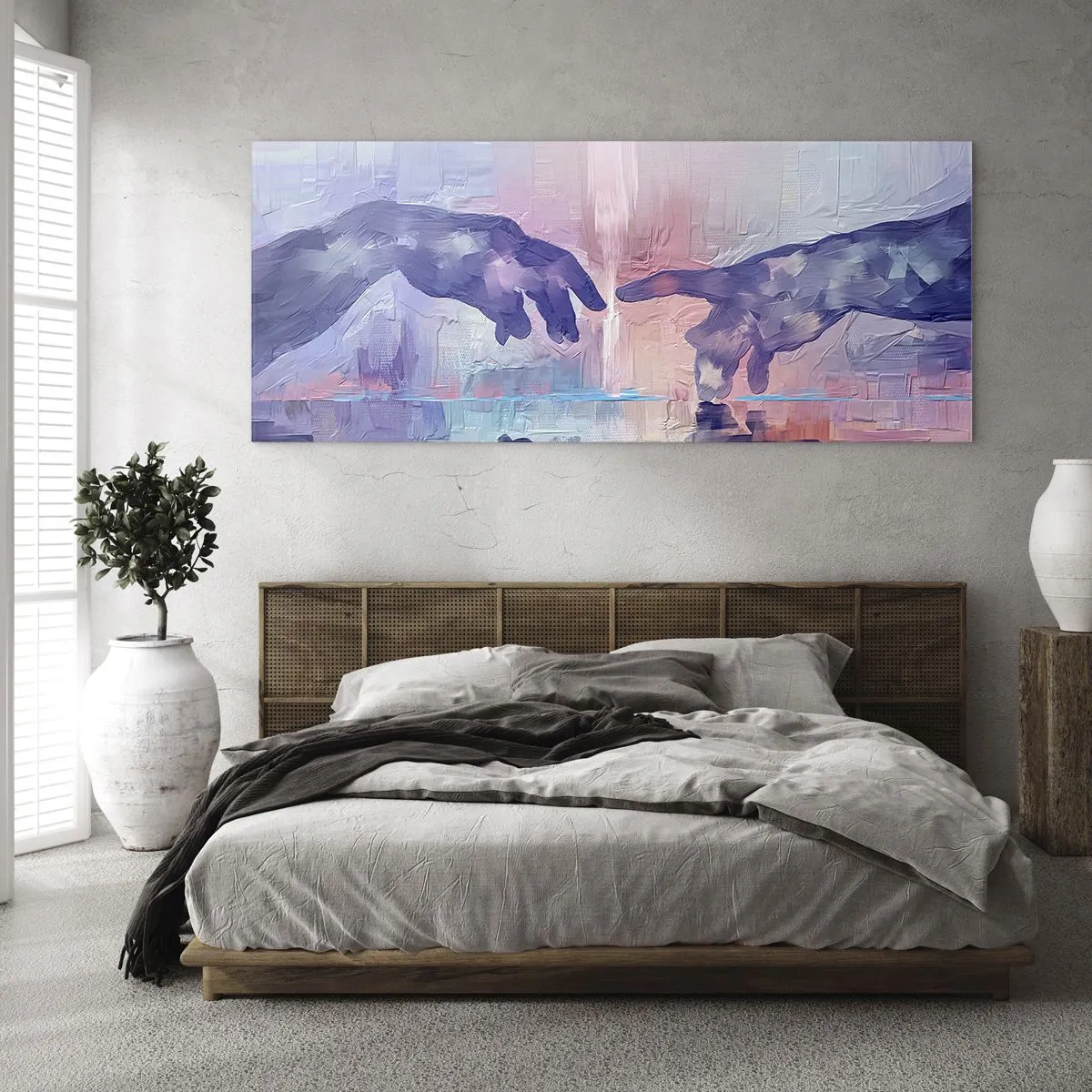 Obraz na szkle - Symboliczne dłonie w abstrakcyjnych barwach, odwołujące się do motywu stworzenia - 160x50cm - Boska iskra życia - Nowoczesna dekoracja ścienna do salonu i sypialni ARTTOR