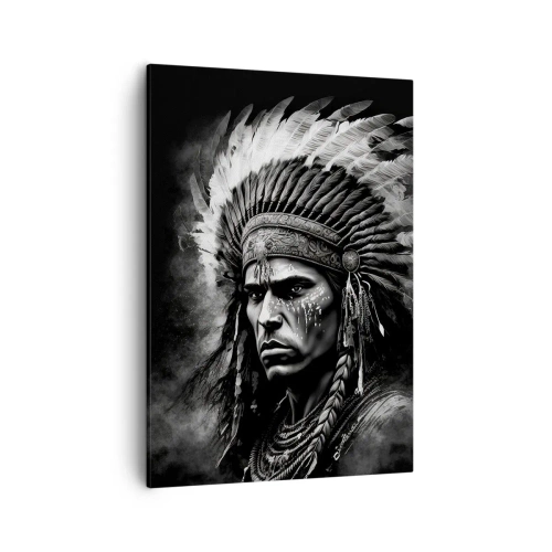 Obraz na płótnie - Czarno-biały portret wodza Indian w bogato zdobionym pióropuszu - 50x70cm - Wódz i wojownik - Nowoczesna dekoracja ścienna do salonu, kuchni i sypialni ARTTOR