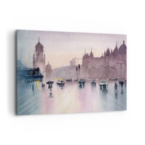 Obraz na płótnie - Miejska ulica o zmierzchu w akwarelowym stylu - 120x80cm - W deszczowej mgiełce - Nowoczesna dekoracja ścienna do salonu, kuchni i sypialni ARTTOR