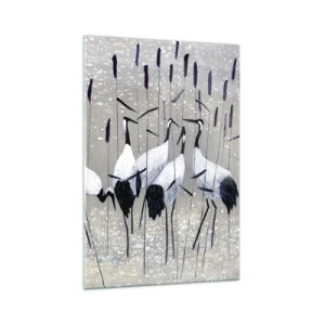 Obraz na szkle - Czaple wśród traw na spokojnym tle - 70x100cm - Wśród swoich - Nowoczesna dekoracja ścienna do salonu i sypialni ARTTOR