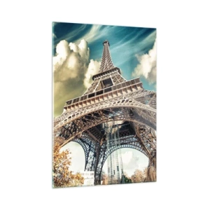 Obraz na szkle - Wieża Eiffla w jesiennej scenerii na tle dynamicznego nieba - 50x70cm - A jesienią w Paryżu... - Nowoczesna dekoracja ścienna do salonu, kuchni i sypialni ARTTOR