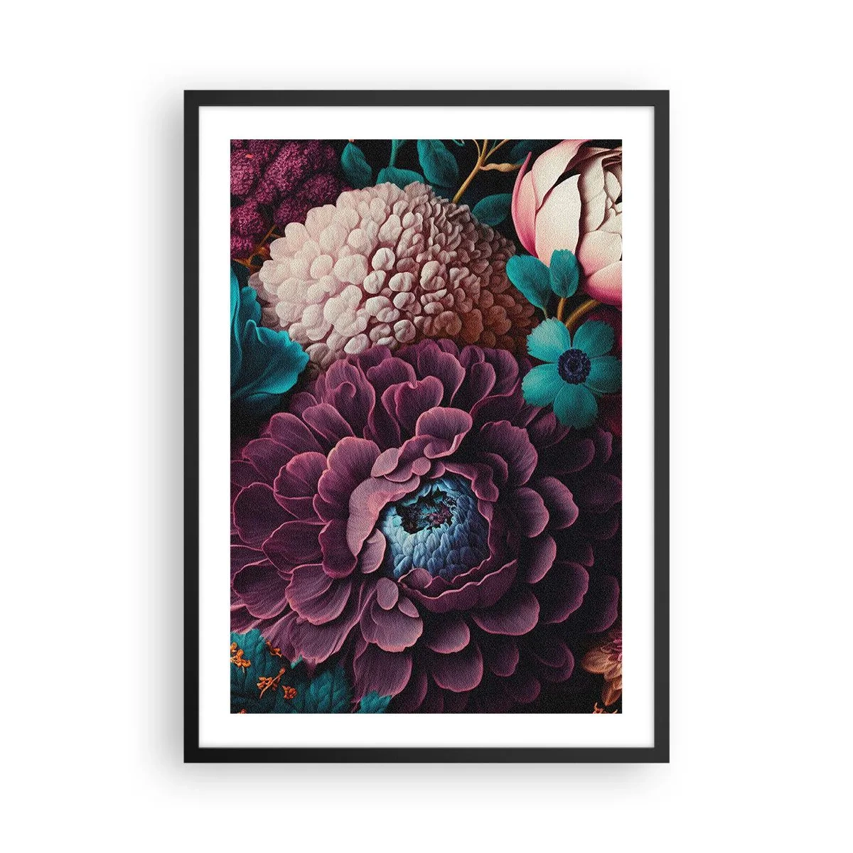 Plakat w czarnej ramie - Kompozycja kwiatów w głębokich odcieniach - 50x70cm - Natura na bogato - Nowoczesna dekoracja ścienna do salonu i sypialni ARTTOR
