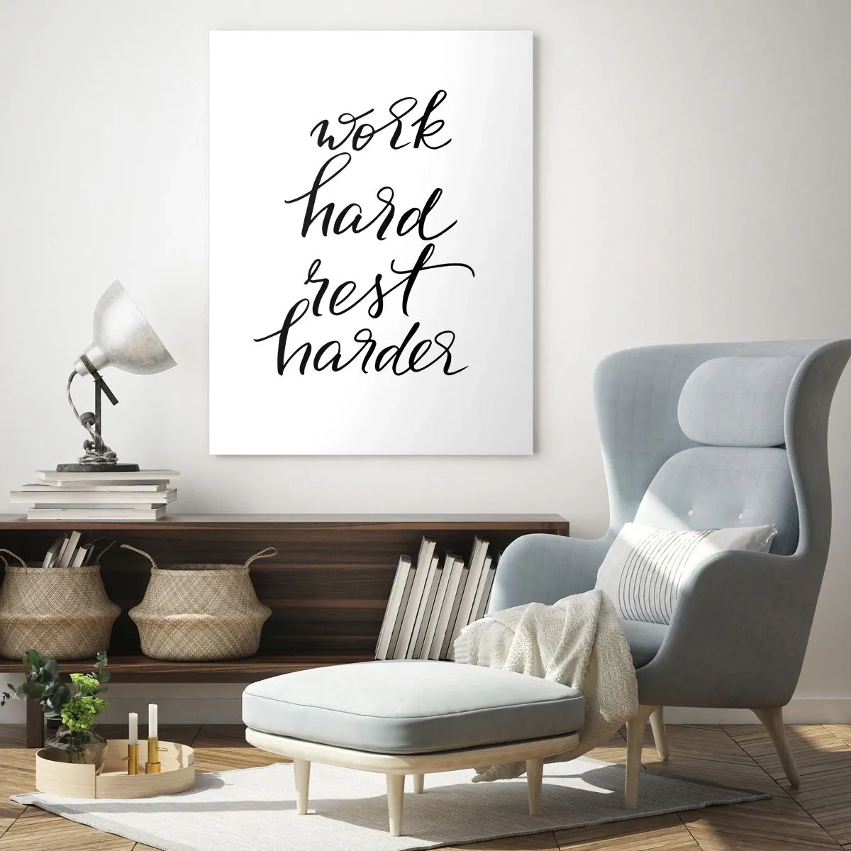 Obraz na szkle - Cytat Work hard rest harder na białym tle - 70x100cm - Życiowa równowaga - Nowoczesna dekoracja ścienna do salonu i sypialni ARTTOR