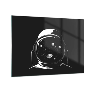 Obraz na szkle - Astronauta z gwiazdami i planetami w hełmie na czarnym tle - 70x50cm - Niezły widok - Nowoczesna dekoracja ścienna do salonu i sypialni ARTTOR