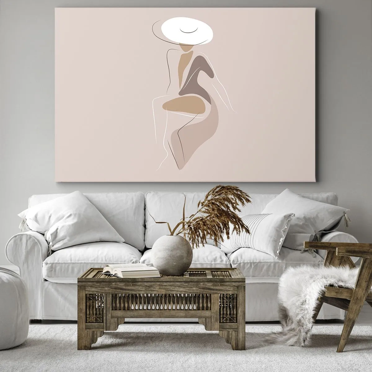 Obraz na płótnie - Minimalistyczna sylwetka kobiety w kapeluszu - 70x50cm - Damą być - Nowoczesna dekoracja ścienna do salonu i sypialni ARTTOR