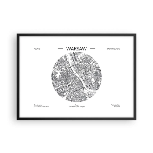 Plakat w czarnej ramie - Mapa Warszawy w minimalistycznym stylu - 70x50cm - Anatomia Warszawy - Nowoczesna dekoracja ścienna do salonu i sypialni ARTTOR