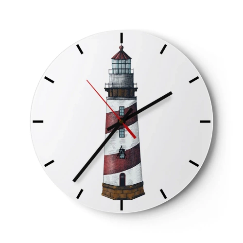 Zegar ścienny - Latarnia morska w czerwono-białe pasy na białym tle - 30x30cm - Zawsze na straży - Nowoczesna dekoracja ścienna do salonu, kuchni i sypialni ARTTOR