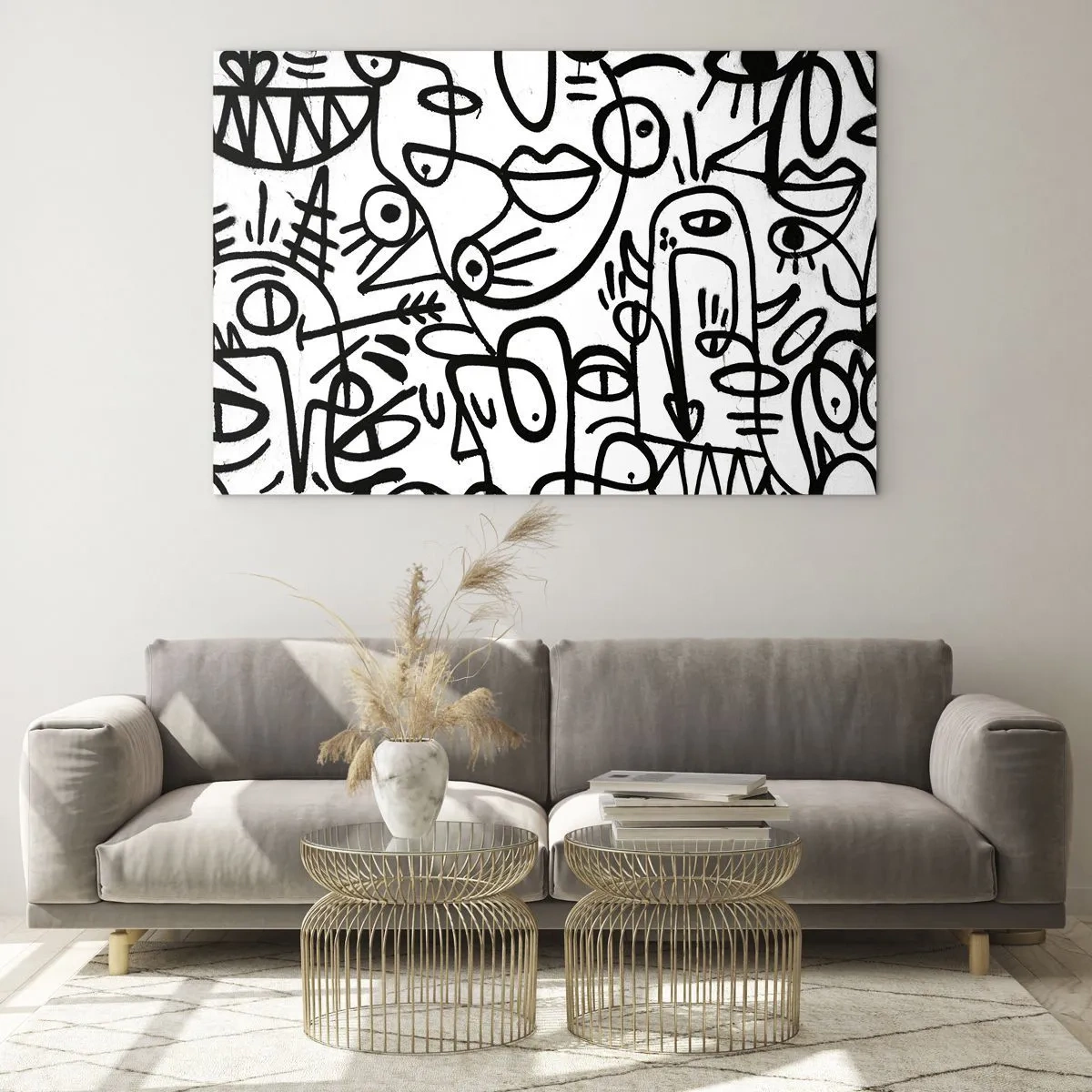 Obraz na szkle - Czarno-biała abstrakcja z oczami, twarzami i liniami - 70x50cm - Twarze i miraże - Nowoczesna dekoracja ścienna do salonu i sypialni ARTTOR