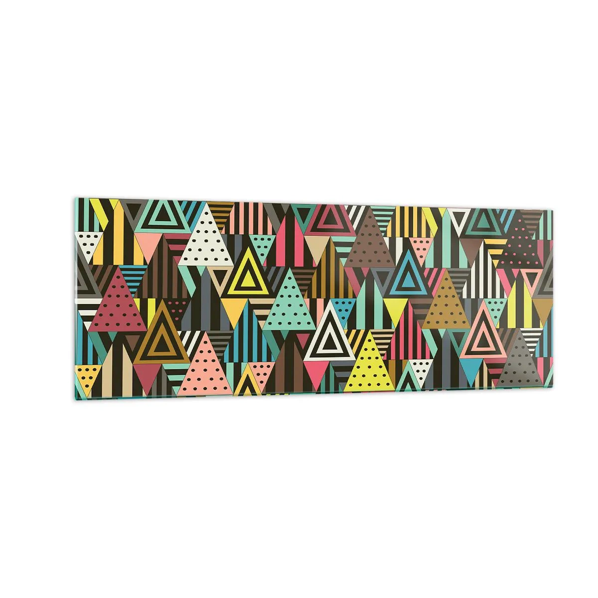 Obraz na szkle - Kolorowy wzór geometryczny z trójkątami i liniami - 140x50cm - W rytmie na trzy - Nowoczesna dekoracja ścienna do salonu i sypialni ARTTOR
