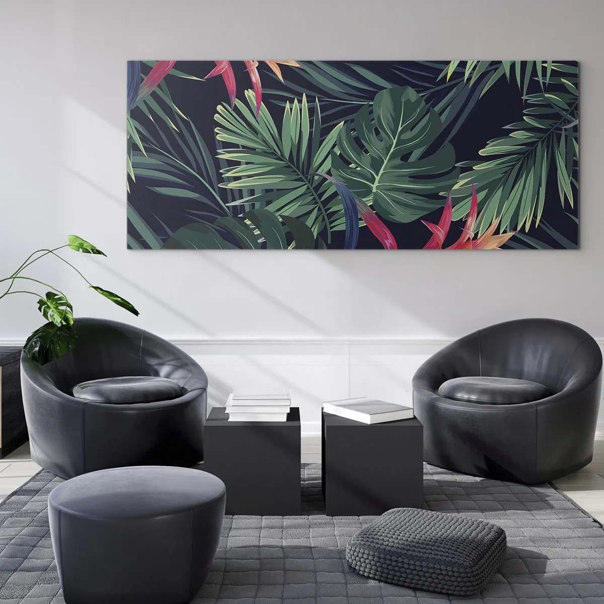 Obraz na szkle - Tropikalne liście i kwiaty na ciemnym tle - 120x50cm - Zapłonąć w zieleni - Nowoczesna dekoracja ścienna do salonu i sypialni ARTTOR