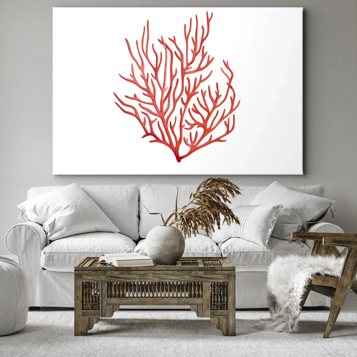Obraz na płótnie - Czerwony koral na białym tle w minimalistycznym stylu - 70x50cm - Koralowy filigran - Nowoczesna dekoracja ścienna do salonu i sypialni ARTTOR