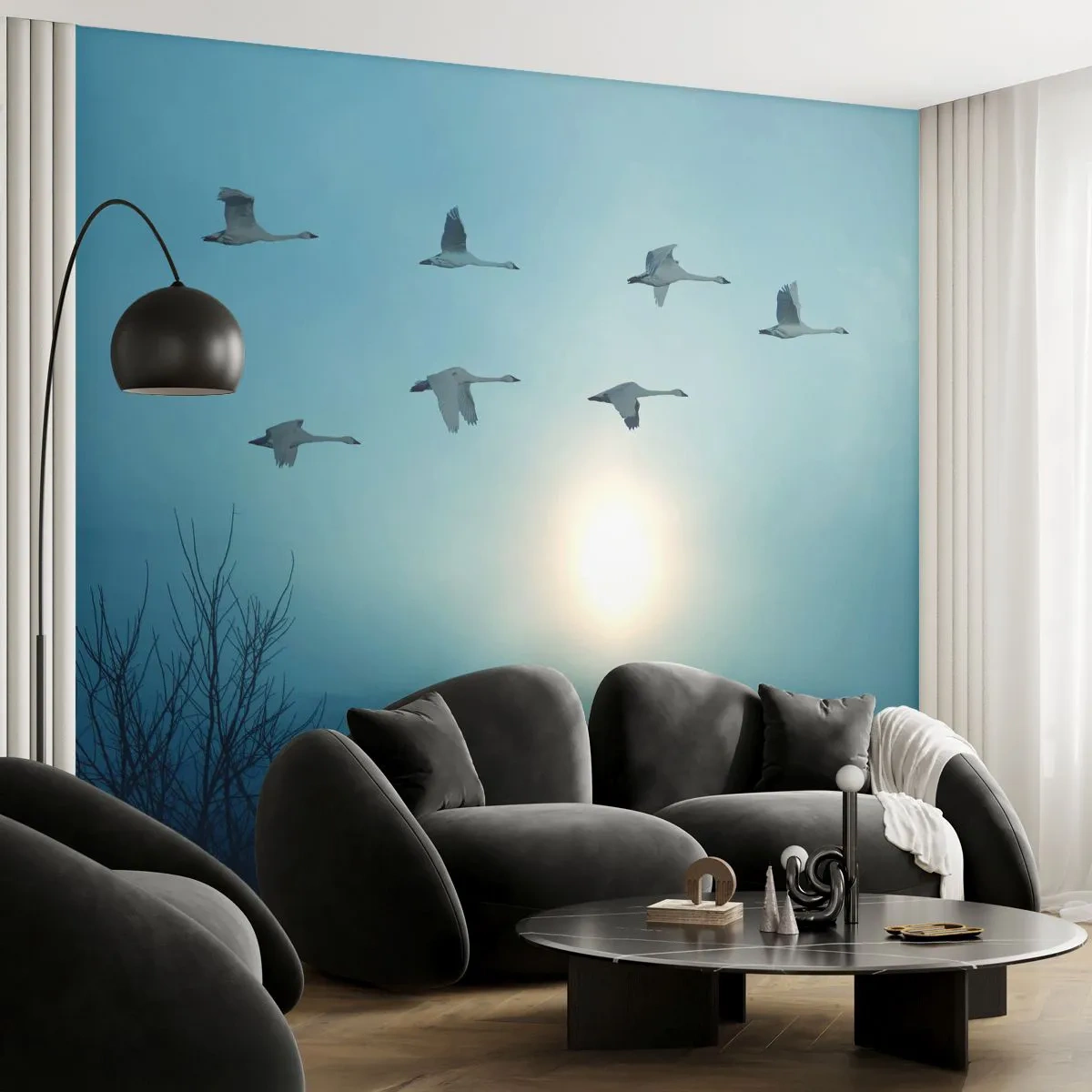 Fototapeta Premium Sand - Lecące łabędzie na tle zachodzącego słońca - 100x70cm - Żegnaj lato na rok - Nowoczesna dekoracja ścienna do salonu, kuchni i sypialni ARTTOR