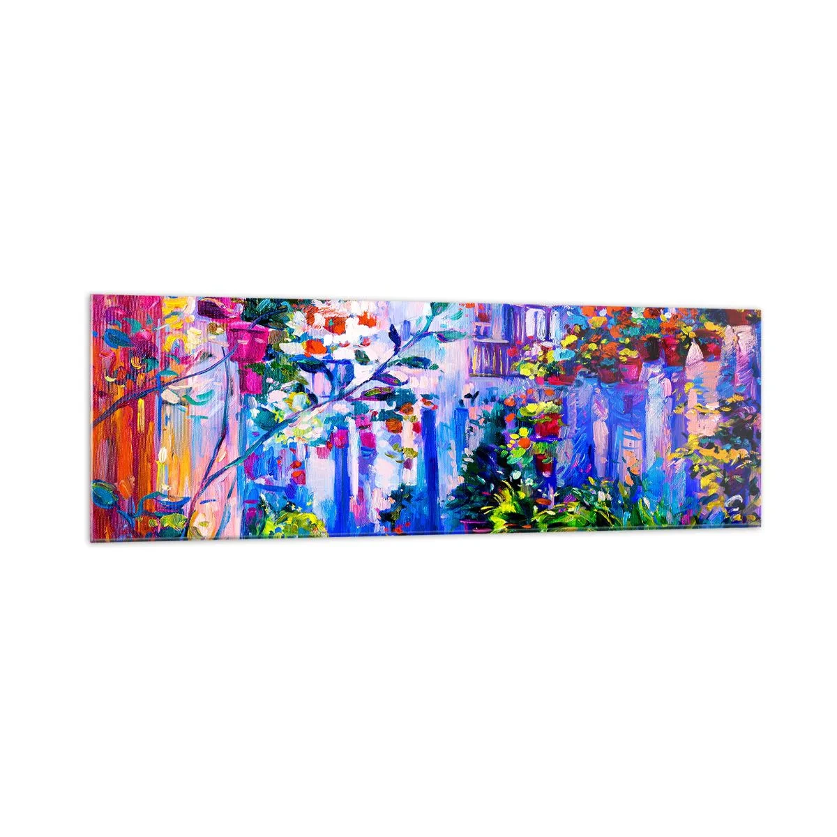 Obraz na szkle - Kolorowa uliczka pełna kwiatów - 160x50cm - Impresja - włoska uliczka - Nowoczesna dekoracja ścienna do salonu i sypialni ARTTOR