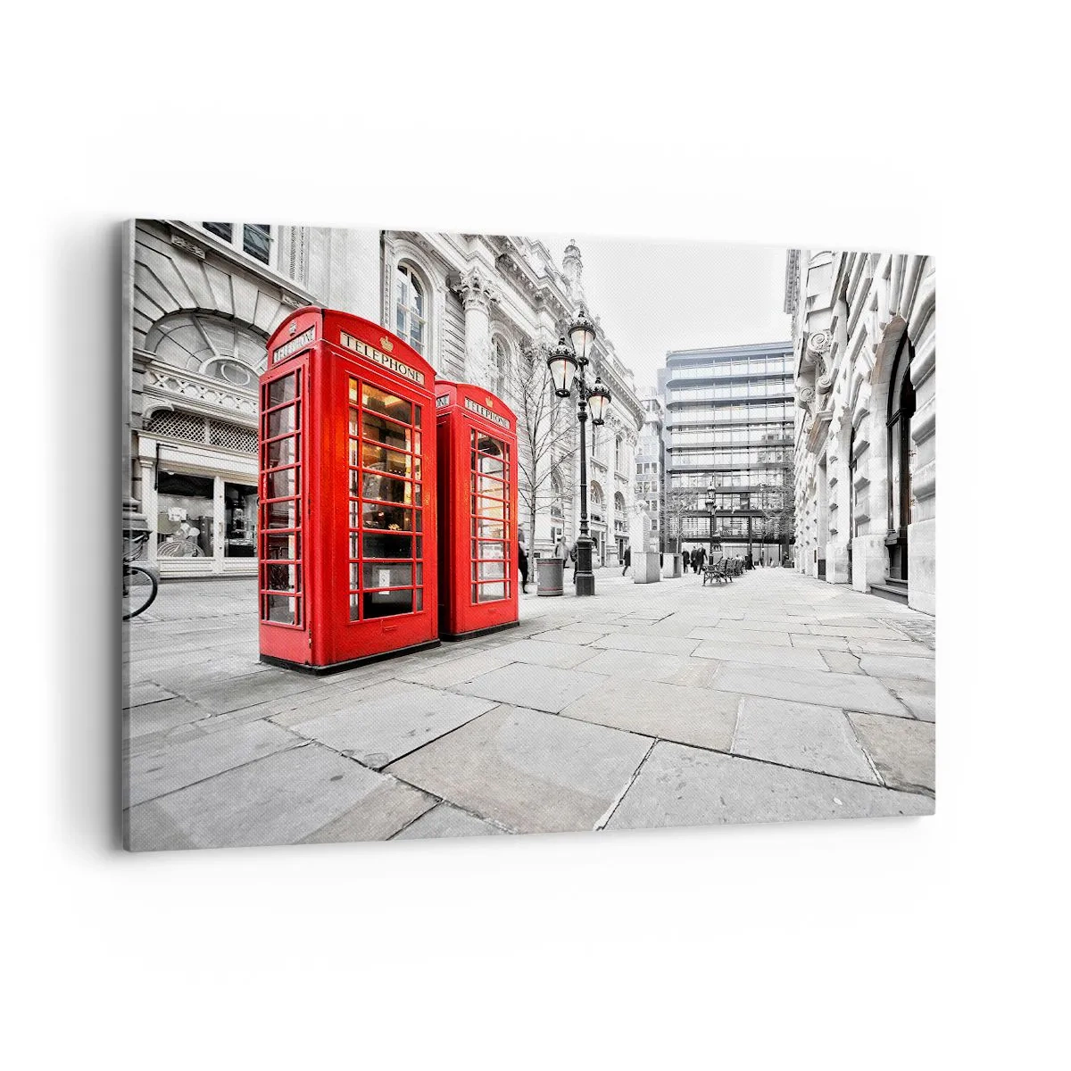 Obraz na płótnie - Czerwone budki telefoniczne na tle miejskiego krajobrazu - 100x70cm - Welcome to London - Nowoczesna dekoracja ścienna do salonu, kuchni i sypialni ARTTOR