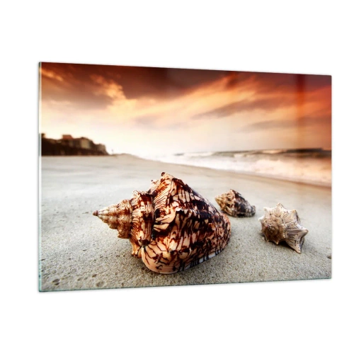Obraz na szkle - Muszle na plaży o zachodzie słońca - 120x80cm - Wygnanki fal - Nowoczesna dekoracja ścienna do salonu, kuchni i sypialni ARTTOR