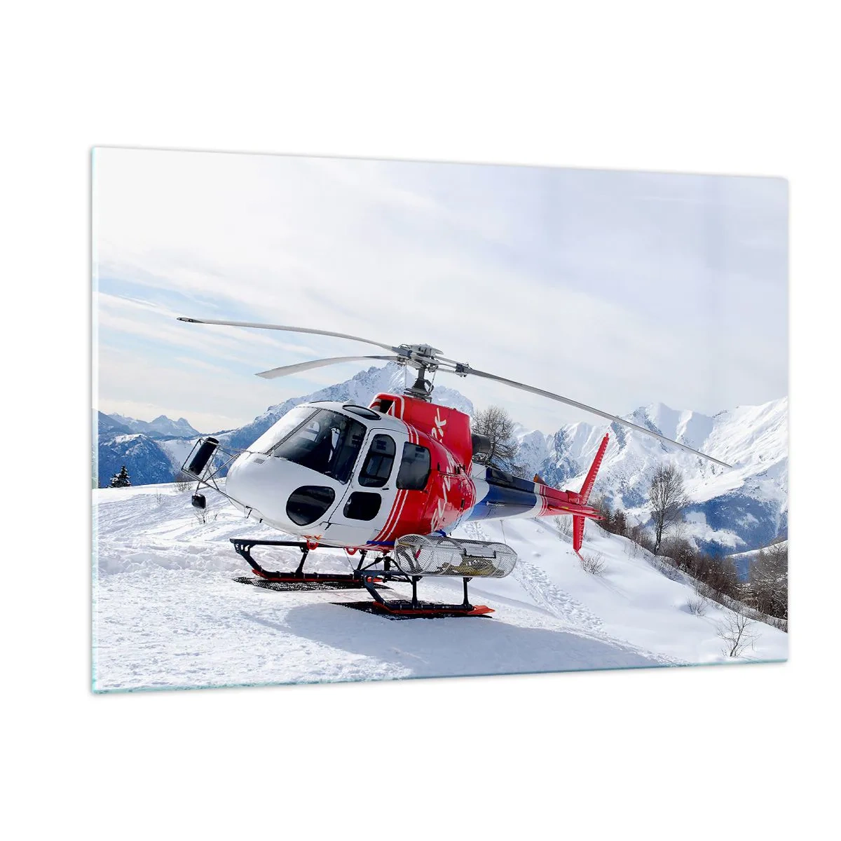 Obraz na szkle - Czerwony helikopter w zimowej scenerii gór - 120x80cm - Zawsze gotowy - Nowoczesna dekoracja ścienna do salonu, kuchni i sypialni ARTTOR