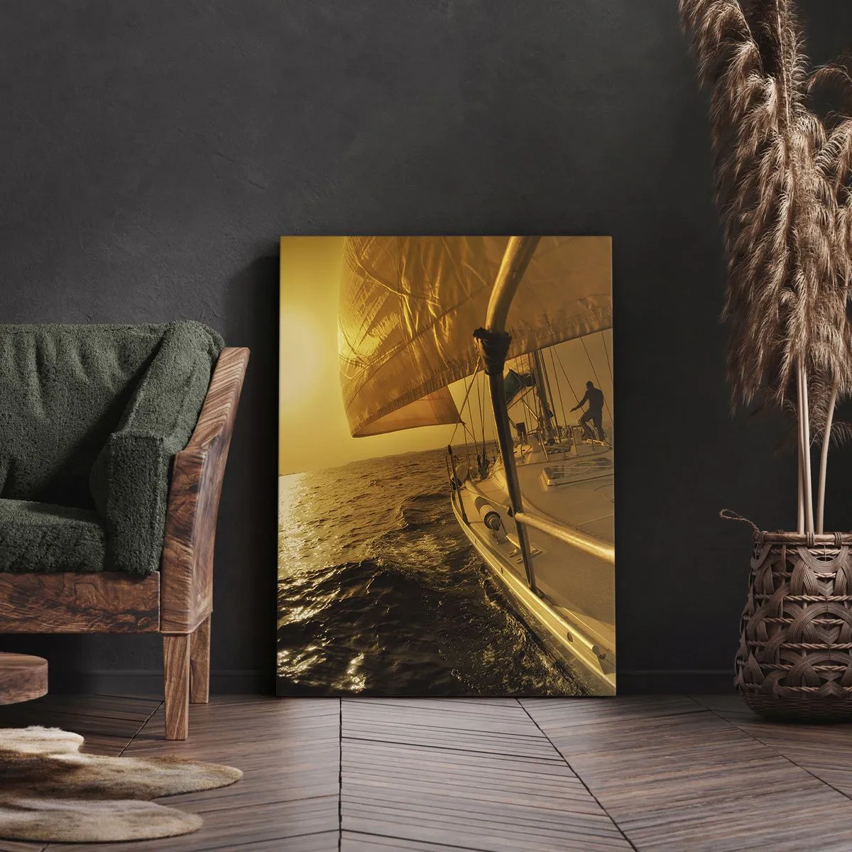 Obraz na płótnie - Jacht na morzu o zachodzie słońca - 50x70cm - Złoty wieczór po wielobarwnym dniu - Nowoczesna dekoracja ścienna do salonu, kuchni i sypialni ARTTOR