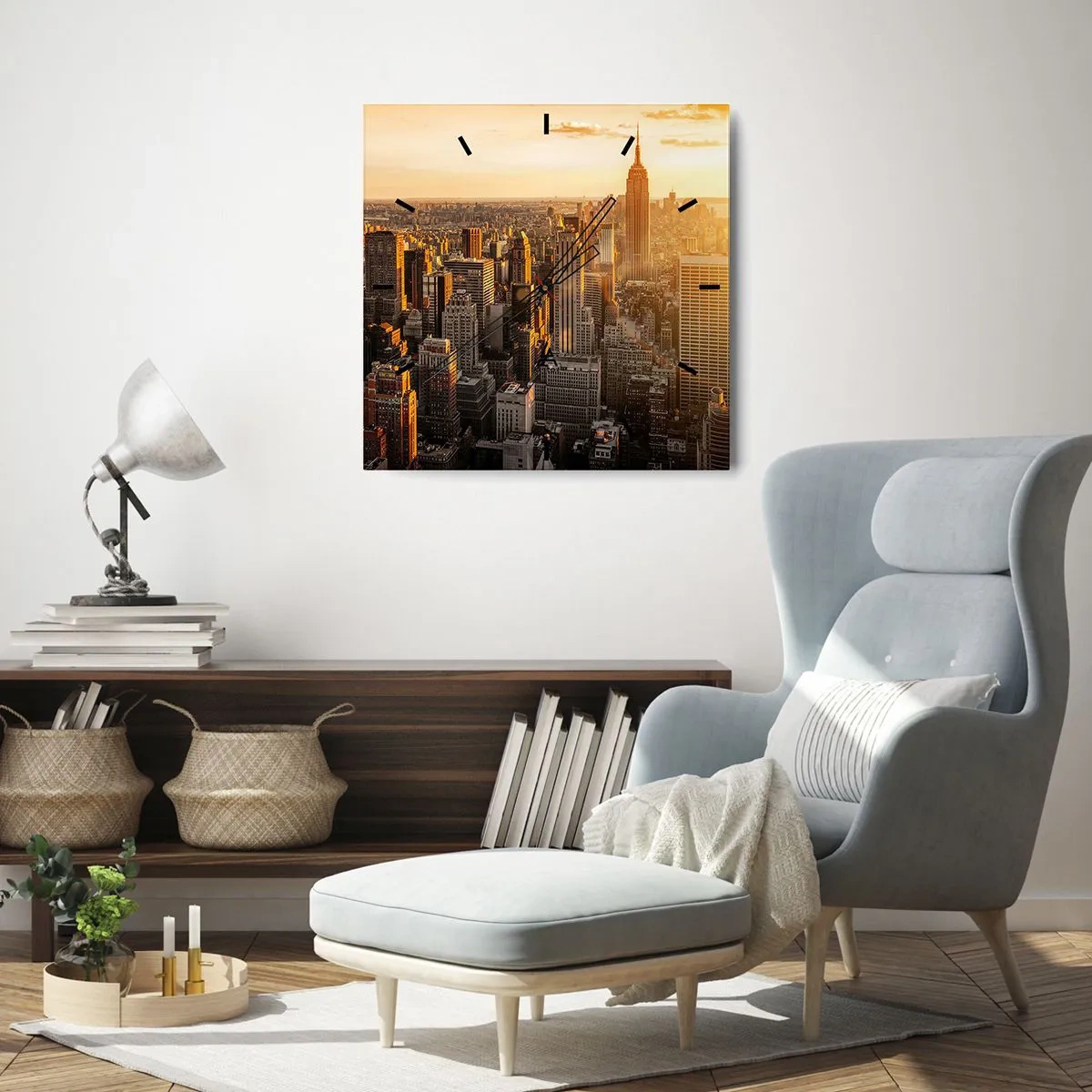 Zegar ścienny - Panorama Nowego Jorku o zachodzie słońca z widokiem na Empire State Building - 30x30cm - Rosnąc w słońcu - Nowoczesna dekoracja ścienna do salonu i sypialni ARTTOR
