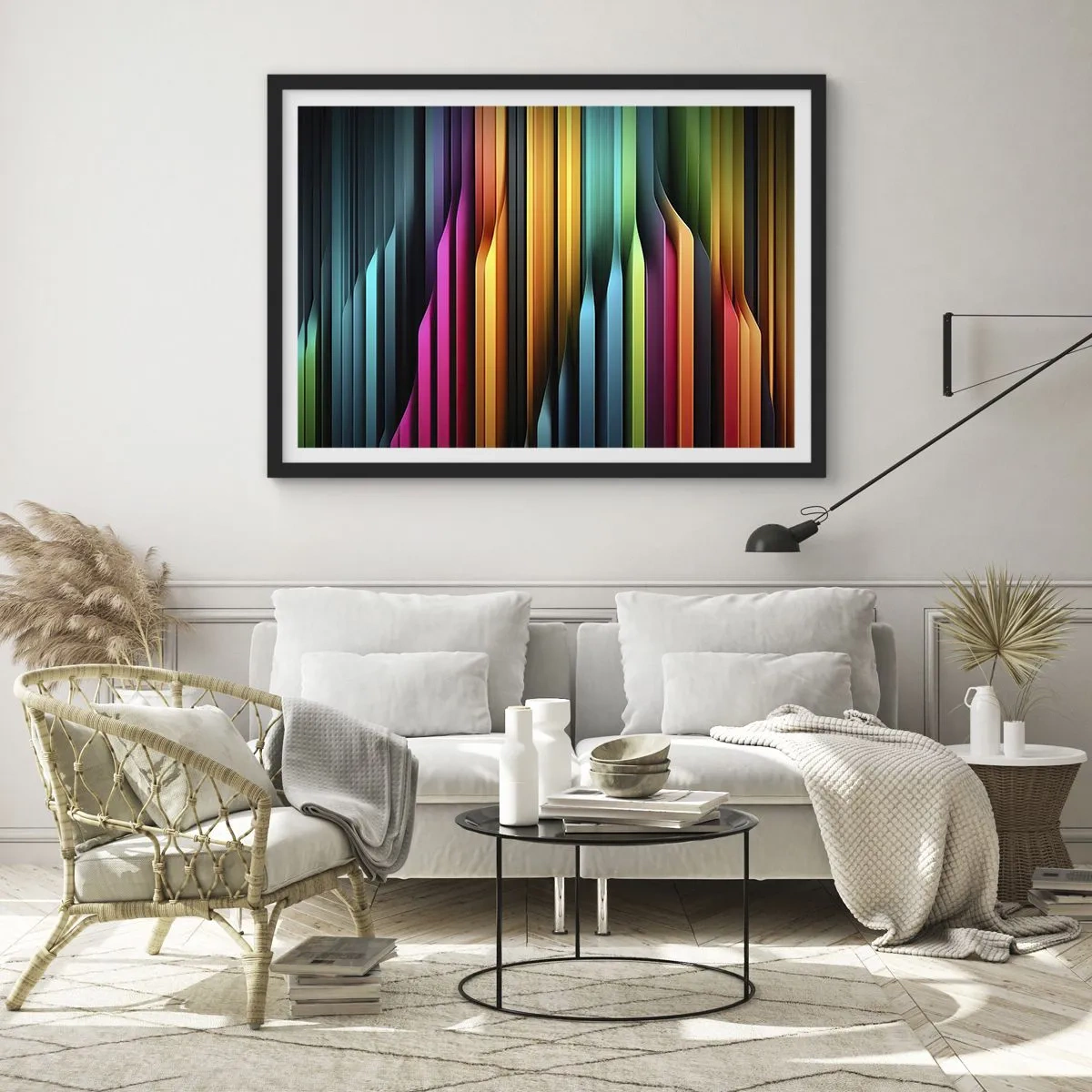 Plakat w czarnej ramie - Kolorowe pionowe linie tworzące dynamiczną abstrakcję - 70x50cm - Świetlne organy - Nowoczesna dekoracja ścienna do salonu i sypialni ARTTOR