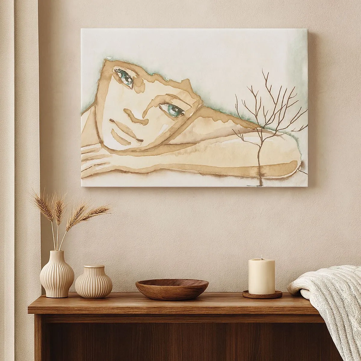 Obraz na płótnie - Artystyczny portret kobiety w pastelowych barwach - 70x50cm - Drzewo poezji wyrasta z ciszy - Nowoczesna dekoracja ścienna do salonu i sypialni ARTTOR