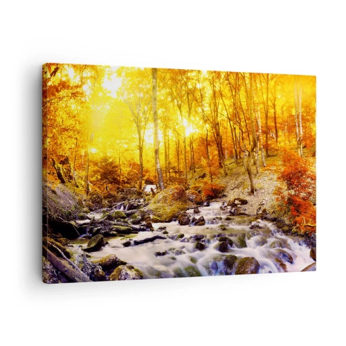 Obraz na płótnie - Jesienny las z potokiem wśród złotych liści - 70x50cm - Kamienie oprawne w złoto i platynę - Nowoczesna dekoracja ścienna do salonu i sypialni ARTTOR