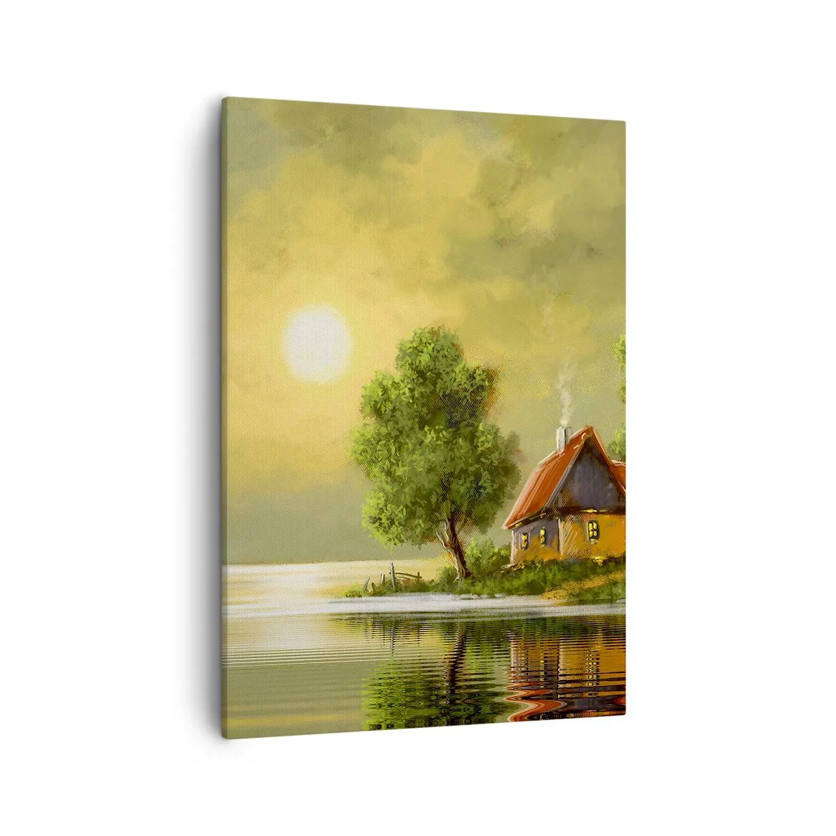 Obraz na płótnie - Domek nad jeziorem o zachodzie słońca - 50x70cm - Pięknie, jak z obrazka - Nowoczesna dekoracja ścienna do salonu, kuchni i sypialni ARTTOR