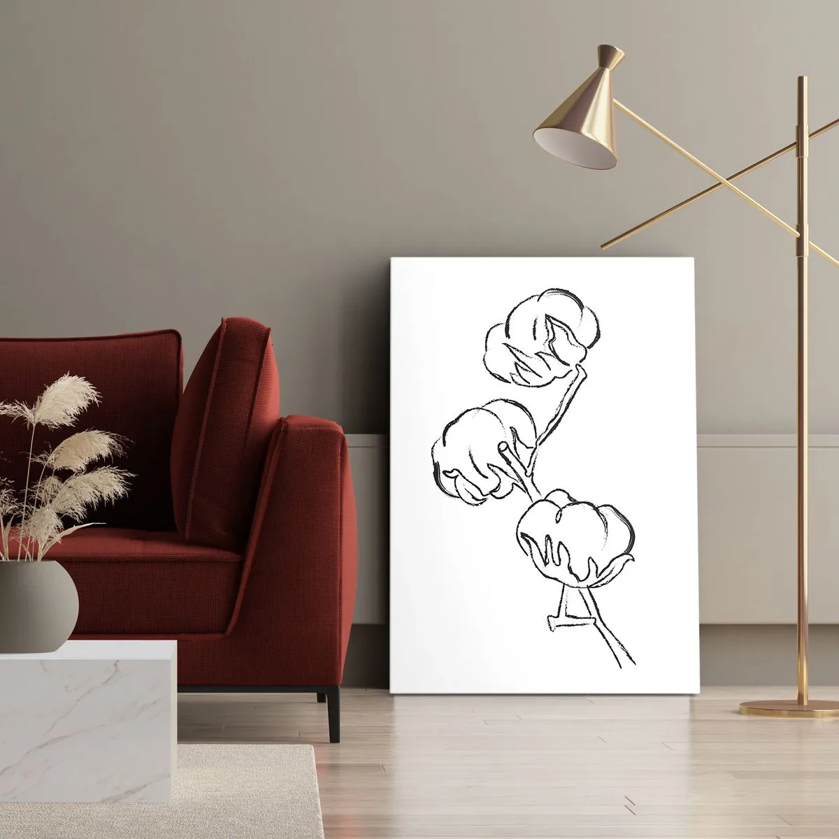 Obraz na płótnie - Delikatny konturowy rysunek przedstawiający gałązkę bawełny na białym tle - 50x70cm - Bawełniany puch - Nowoczesna dekoracja ścienna do salonu, kuchni i sypialni ARTTOR