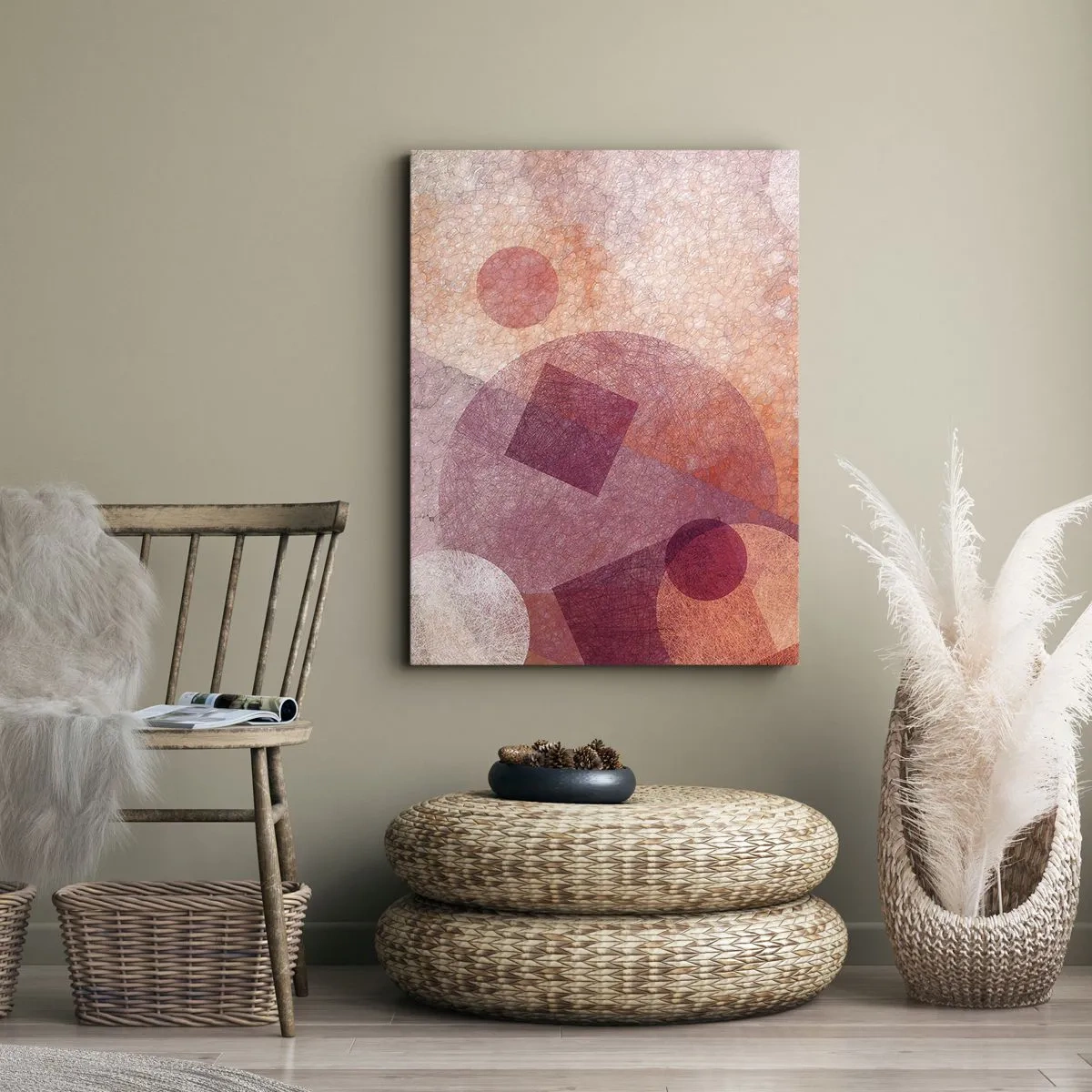 Obraz na płótnie - Abstrakcyjna kompozycja geometrycznych kształtów w odcieniach różu i pomarańczu - 50x70cm - Przekształcenia geometryczne w różu - Nowoczesna dekoracja ścienna do salonu, kuchni i sypialni ARTTOR