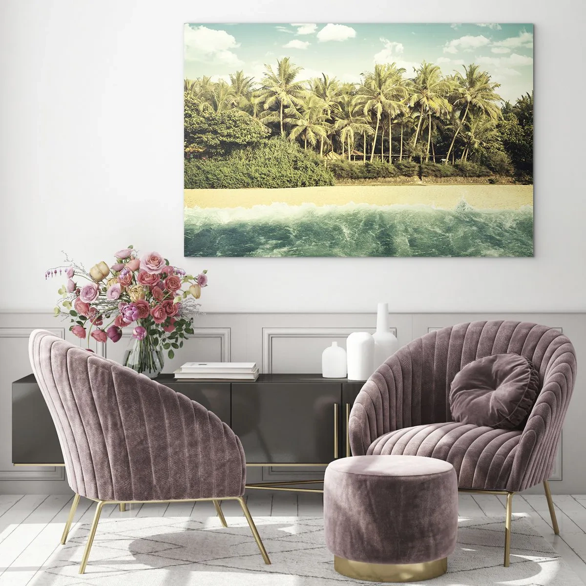 Obraz na szkle - Egzotyczna plaża z palmami i turkusowym morzem w słoneczny dzień - 70x50cm - A może tutaj? - Nowoczesna dekoracja ścienna do salonu i sypialni ARTTOR