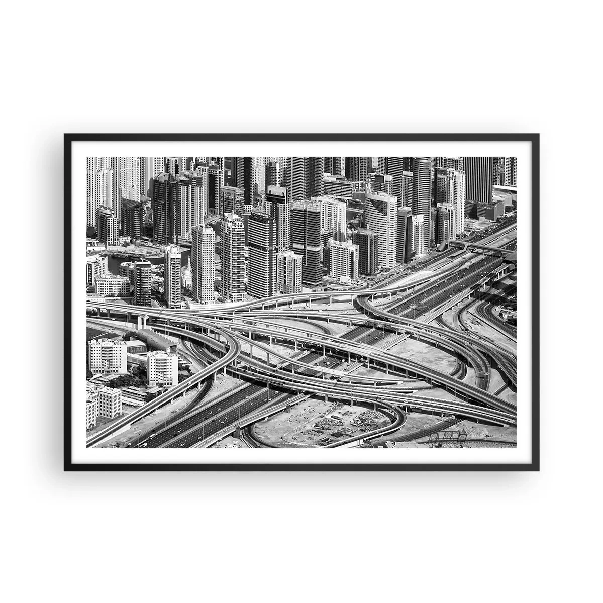 Plakat w czarnej ramie - Widok na Dubaj z perspektywy lotu ptaka - 100x70cm - Dubaj – miasto niemożliwe - Nowoczesna dekoracja ścienna do salonu i sypialni ARTTOR