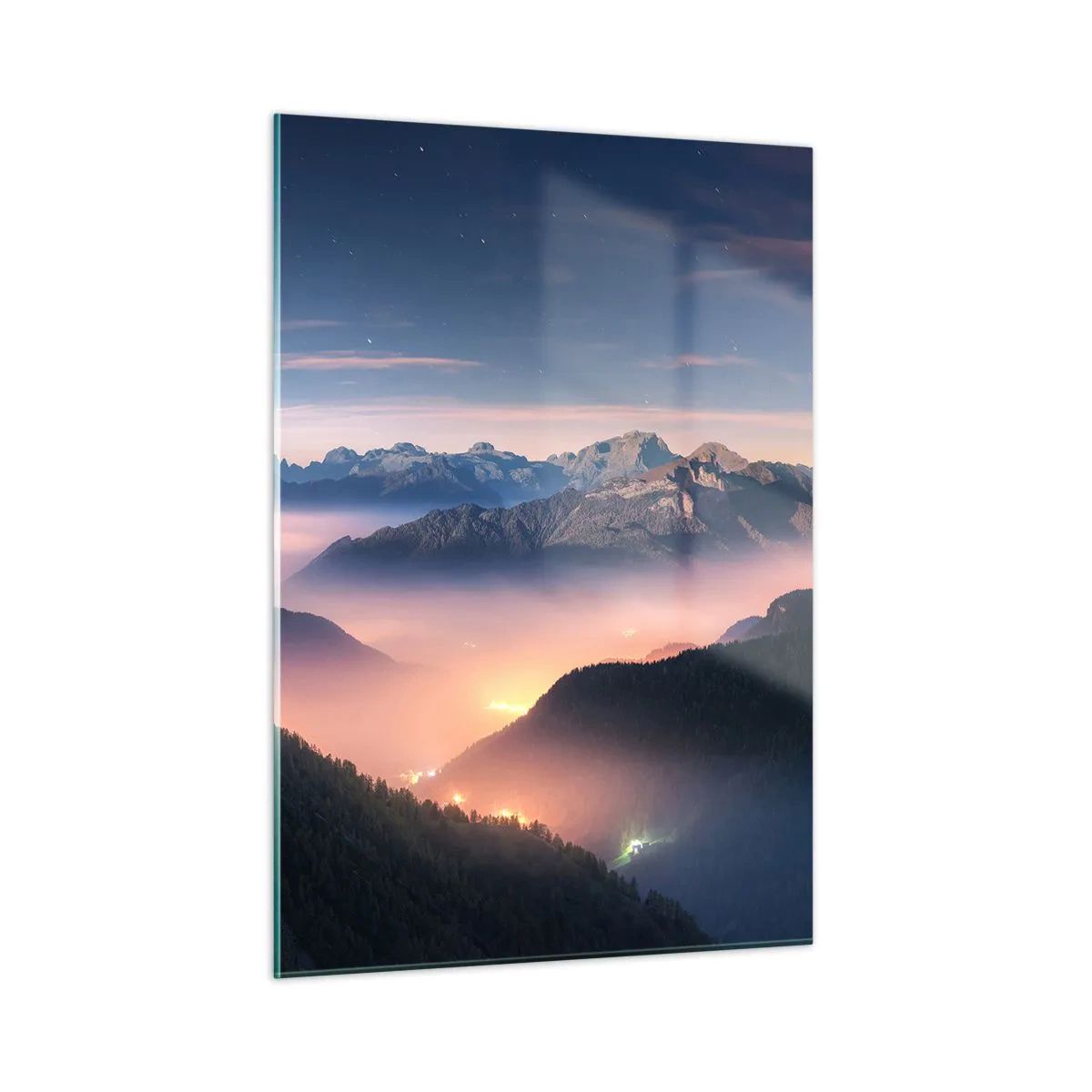 Obraz na szkle - Górski krajobraz o zachodzie słońca z mgłą w dolinie - 50x70cm - Światło w dolinach - Nowoczesna dekoracja ścienna do salonu, kuchni i sypialni ARTTOR