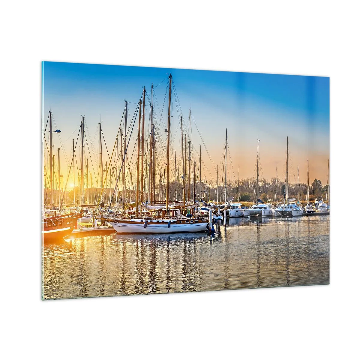 Obraz na szkle - Marina pełna żaglówek w świetle zachodzącego słońca - 100x70cm - Wiatr też musi spać - Nowoczesna dekoracja ścienna do salonu, kuchni i sypialni ARTTOR