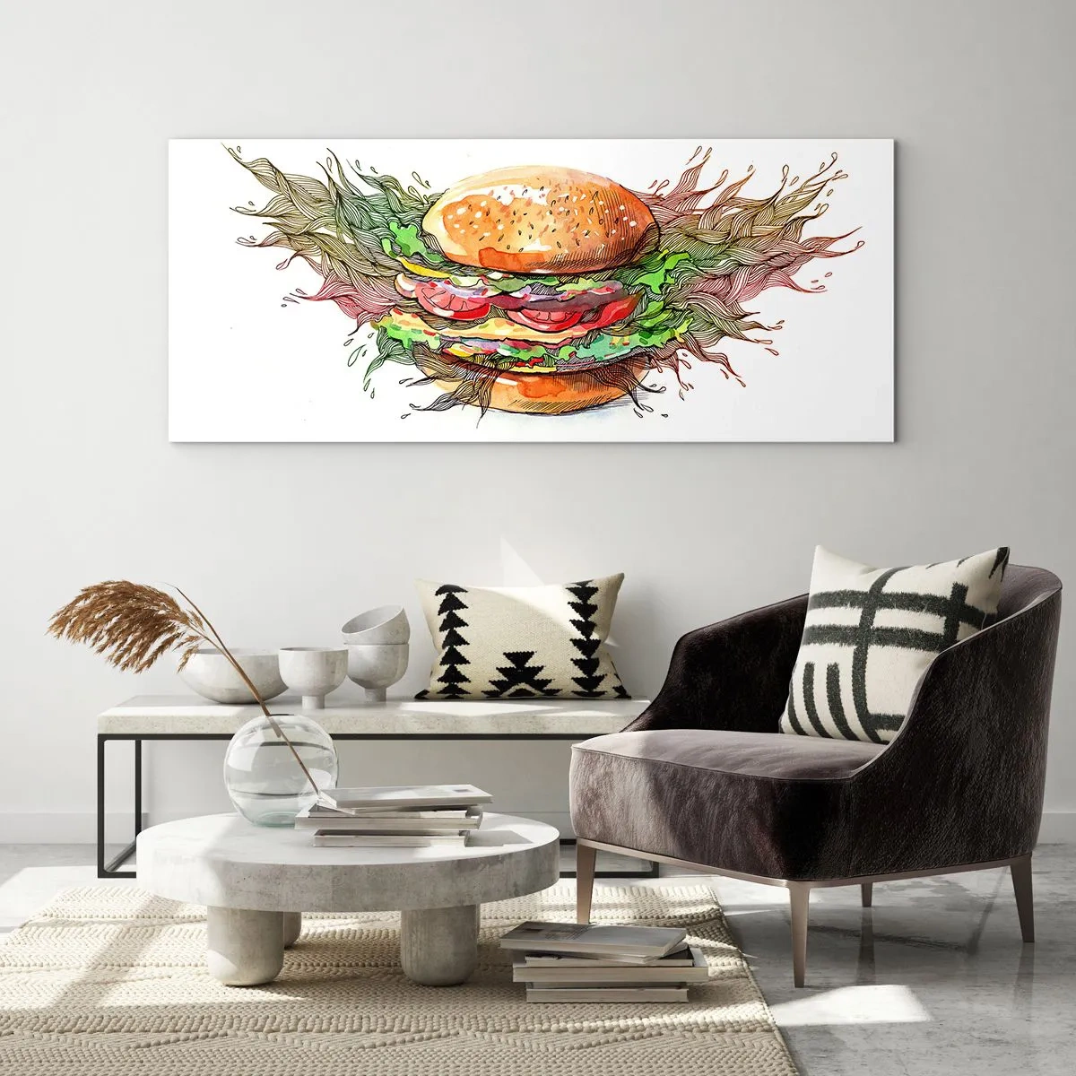 Obraz na szkle - Artystyczna ilustracja burgera z dynamicznymi elementami - 140x50cm - Gorąca pokusa - Nowoczesna dekoracja ścienna do salonu i sypialni ARTTOR