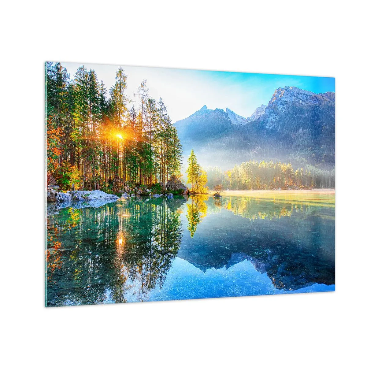Obraz na szkle - Górski krajobraz z jeziorem i porannym słońcem - 70x50cm - Majestat i słodycz - Nowoczesna dekoracja ścienna do salonu i sypialni ARTTOR