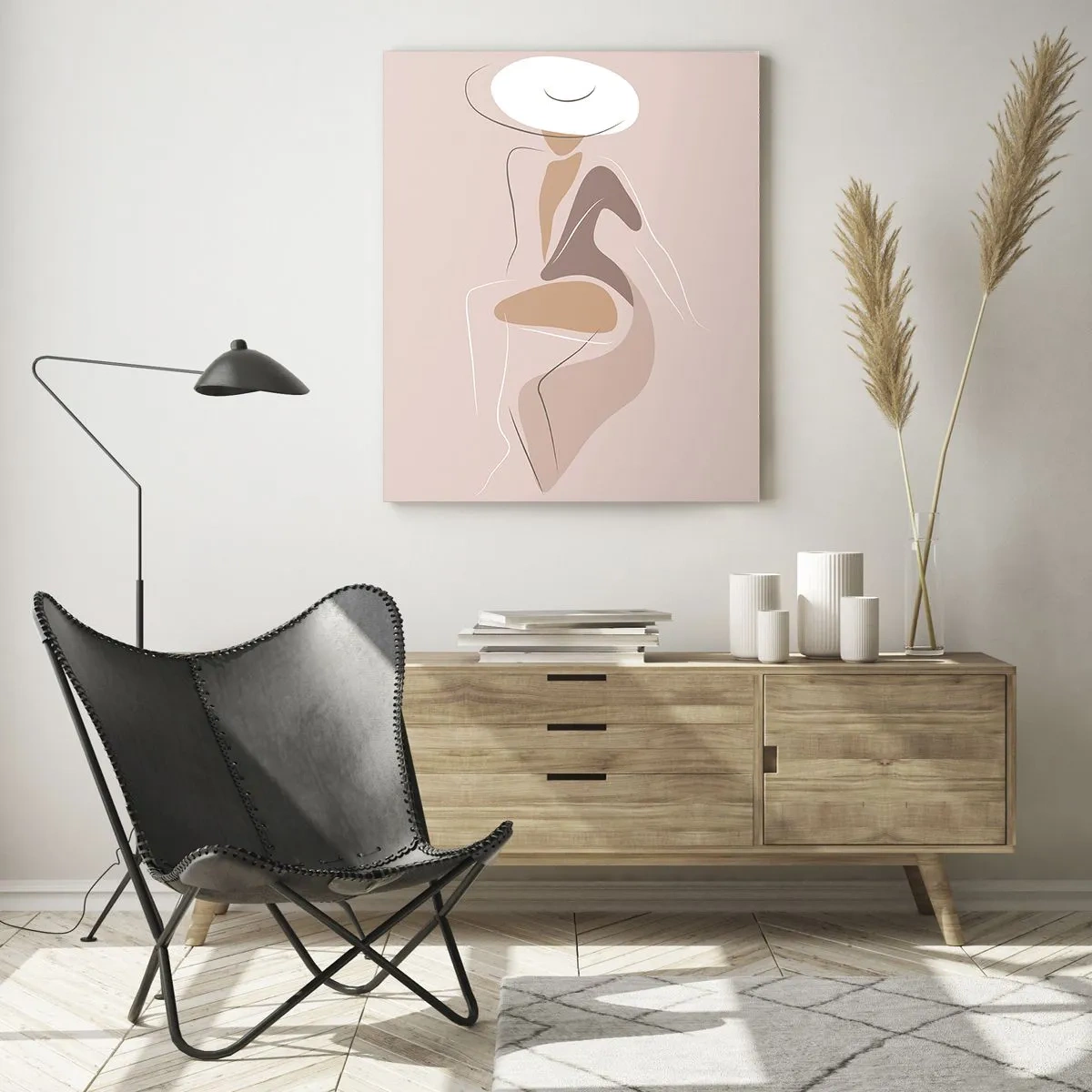 Obraz na szkle - Sylwetka kobiety w kapeluszu na beżowym tle - 50x70cm - Damą być - Nowoczesna dekoracja ścienna do salonu, kuchni i sypialni ARTTOR