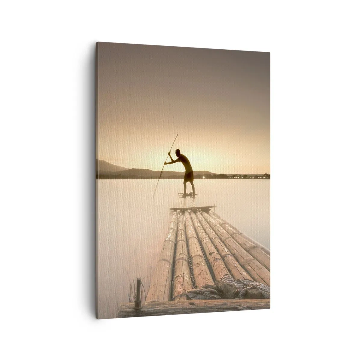 Obraz na płótnie - Rybak na bambusowej tratwie na spokojnym jeziorze o zachodzie słońca - 50x70cm - Przed spoczynkiem - Nowoczesna dekoracja ścienna do salonu, kuchni i sypialni ARTTOR