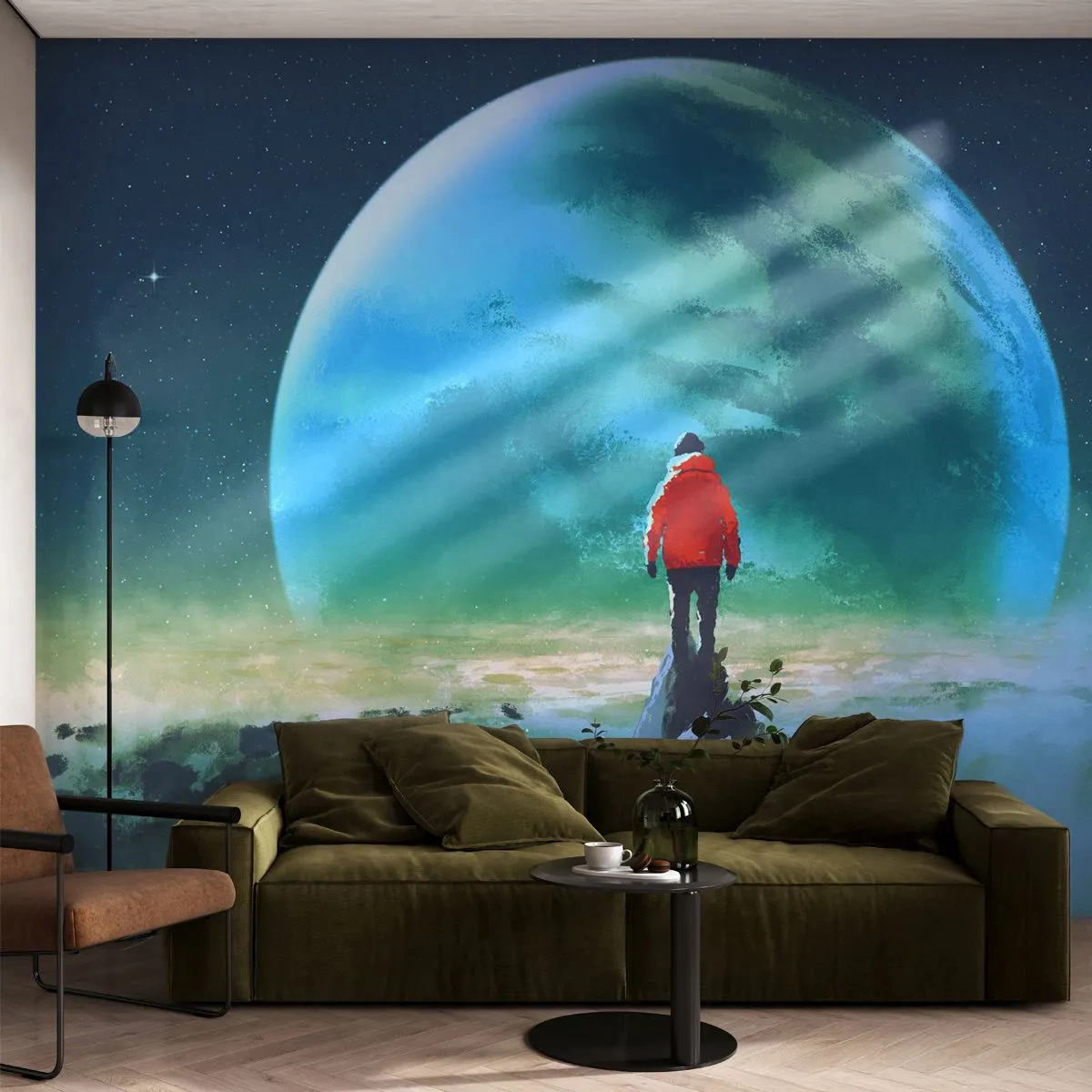 Fototapeta Premium Sand - Podróżnik na szczycie z widokiem na gigantyczną planetę - 100x70cm - Odkrywca nowej ziemi - Nowoczesna dekoracja ścienna do salonu, kuchni i sypialni ARTTOR