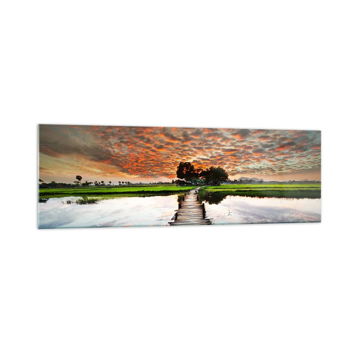 Obraz na szkle - Drewniany mostek nad wodą o zachodzie słońca - 160x50cm - Rozłóż ramiona - oddychaj  - Nowoczesna dekoracja ścienna do salonu i sypialni ARTTOR