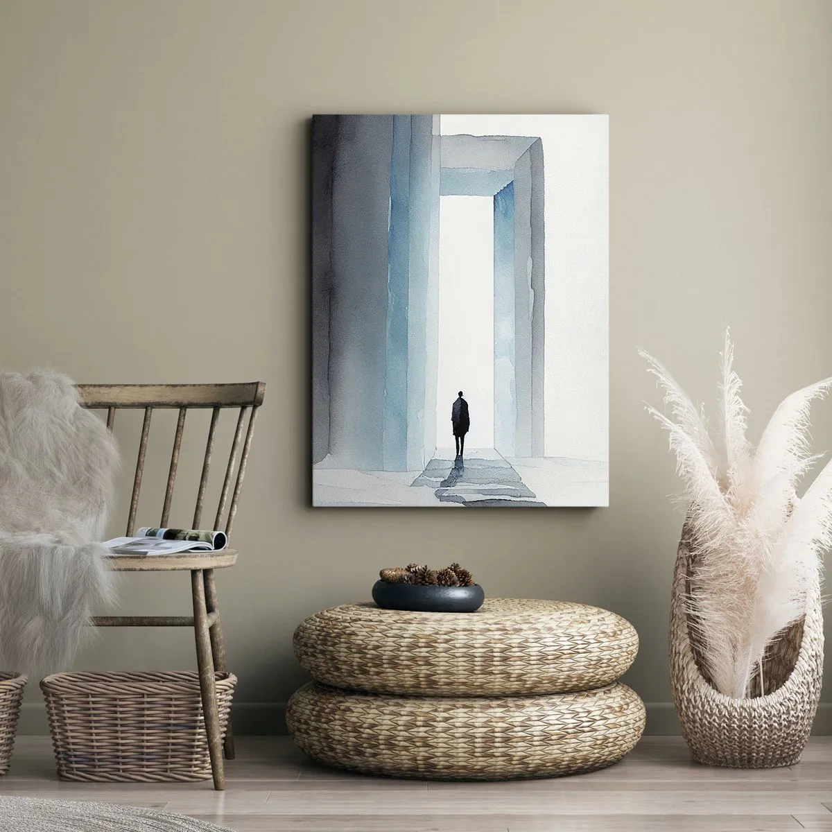 Obraz na płótnie - Sylwetka człowieka w abstrakcyjnej przestrzeni z monumentalnymi portalami - 50x70cm - Żyj bez ograniczeń - Nowoczesna dekoracja ścienna do salonu, kuchni i sypialni ARTTOR